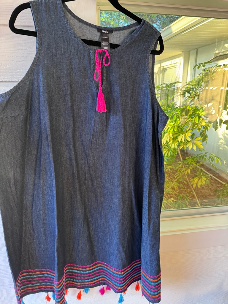 Mark Dress Sleeveless Midi Blue Cotton Denim Embroidery Multi Color Tassels 1x